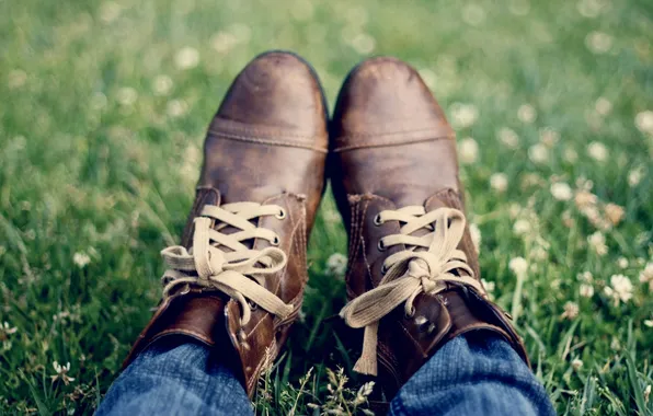 Grass, jeans, shoes, laces