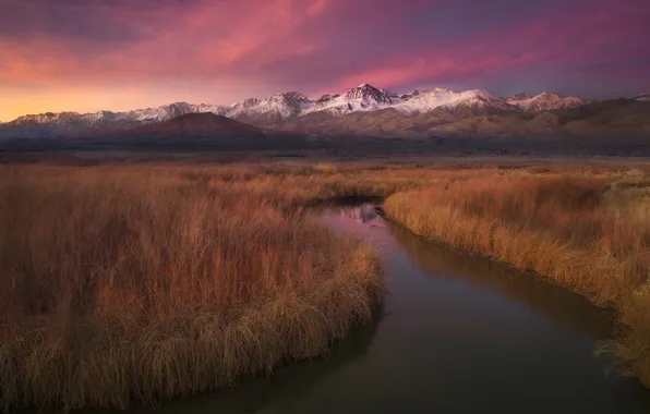 Sunset, mountains, nature, river, panorama