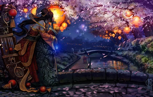 Picture girl, bridge, Sakura, kimono, lanterns, flowering, league of legends