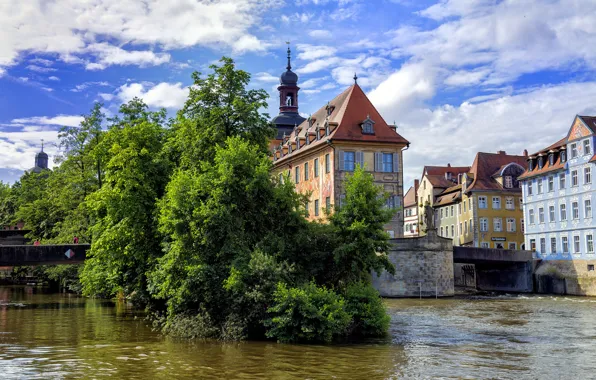 Trees, bridge, river, home, Germany, channel, Bamberg