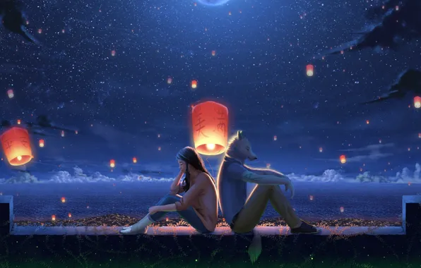 Sea, girl, night, wolf, fantasy, lanterns, listen to the music