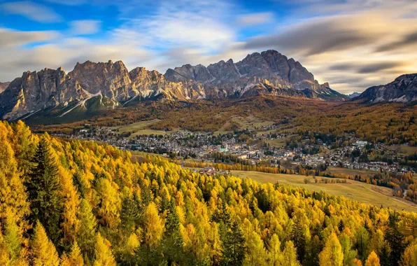 Autumn, mountains, valley, Italy, The Dolomites