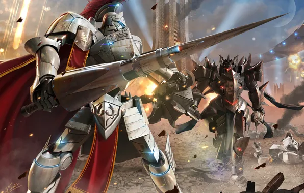 Fiction, armor, robots, battle, duel, knight, fight