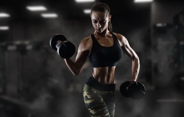 Picture pose, shadows, female, fitness, dumbbells