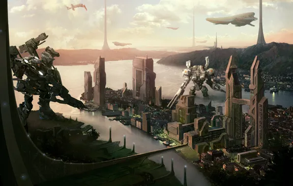Landscape, the city, future, fiction, robots, sci-fi, spaceships