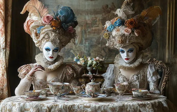 Look, table, girls, the tea party, two girls, makeup, clowns, headdress