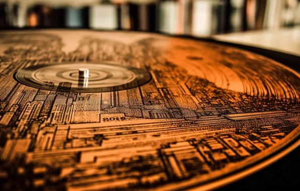 Macro, music, chip, vinyl, record, AI art, neural network, the art of artificial intelligence