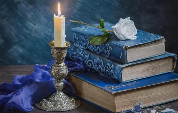 Flower, table, fire, flame, rose, books, candle, blue