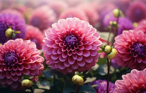 Macro, flowers, garden, pink, dahlias, AI art, neural network