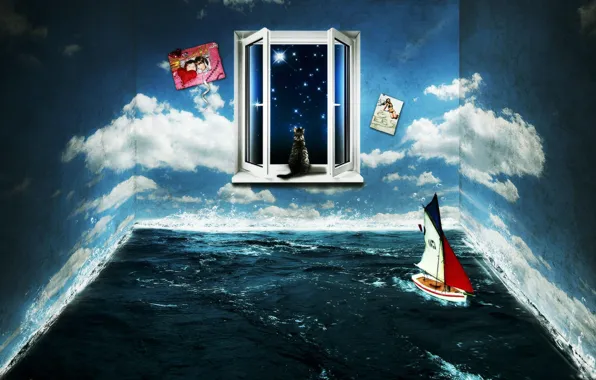 Picture SEA, WATER, The SKY, CLOUDS, NIGHT, ROOM, WALL, WINDOW