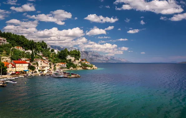 Sea, clouds, mountains, coast, village, Croatia, Croatia, The Adriatic sea