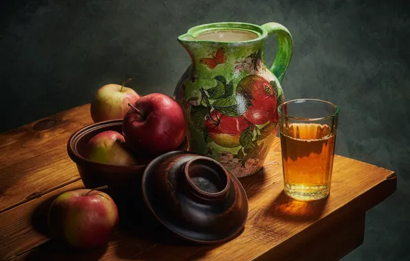 Light, glass, the dark background, apples, figure, glass, food, juice