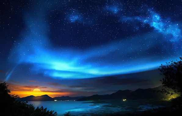 The sky, the sun, space, stars, clouds, landscape, sunset, mountains