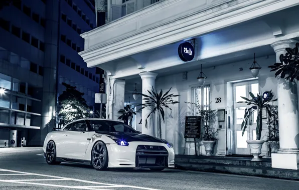 Picture night, the city, lights, tuning, club, Nissan, Nissan, gt-r