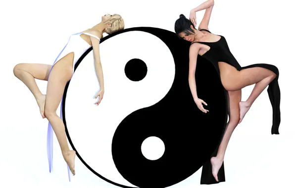 White, girl, rendering, black, white background, Yin Yang