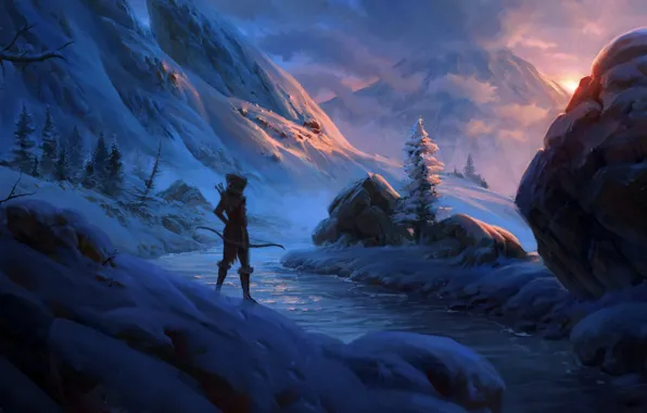 Snow, sunset, mountains, stream, stones, warrior, art, traveler