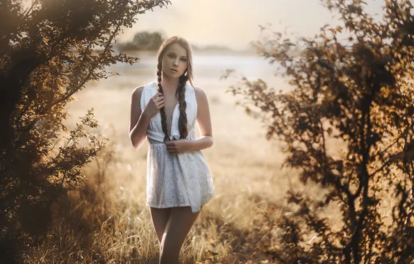 Grass, look, the sun, trees, pose, model, portrait, makeup