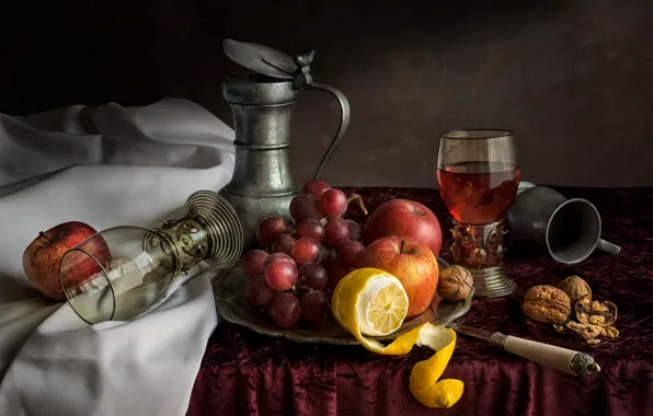 Table, lemon, apples, grapes, knife, glasses, fruit, nuts