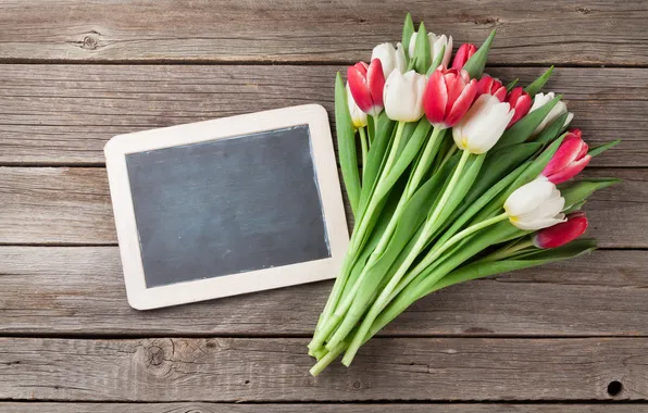 Flowers, bouquet, tulips, red, white, wood, flowers, tulips