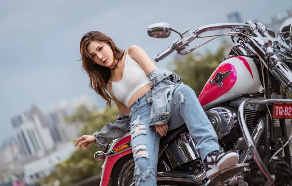 Picture look, figure, motorcycle, jeans, girl, summer, Asian