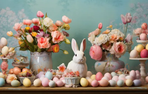 Look, light, flowers, holiday, hare, eggs, spring, rabbit