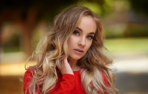 Picture look, portrait, makeup, hairstyle, blonde, beauty, in red, bokeh