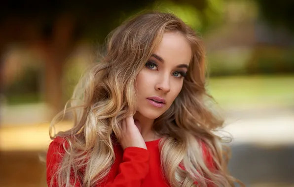 Look, portrait, makeup, hairstyle, blonde, beauty, in red, bokeh