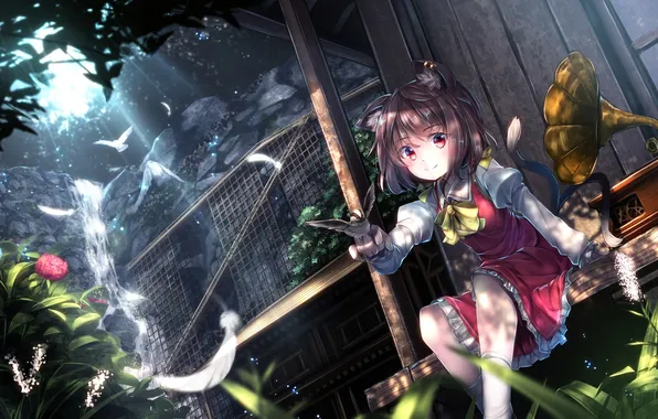 Picture girl, trees, birds, nature, house, waterfall, anime, feathers