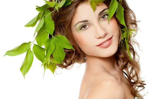 Picture eyes, look, leaves, girl, face, background, hair, green