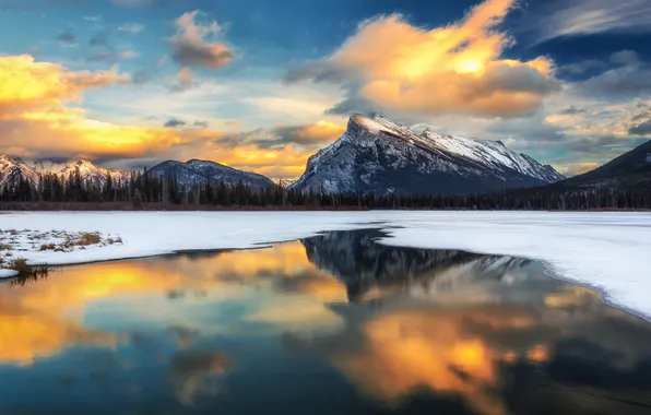 Picture winter, clouds, snow, sunset, mountains, lake, reflection
