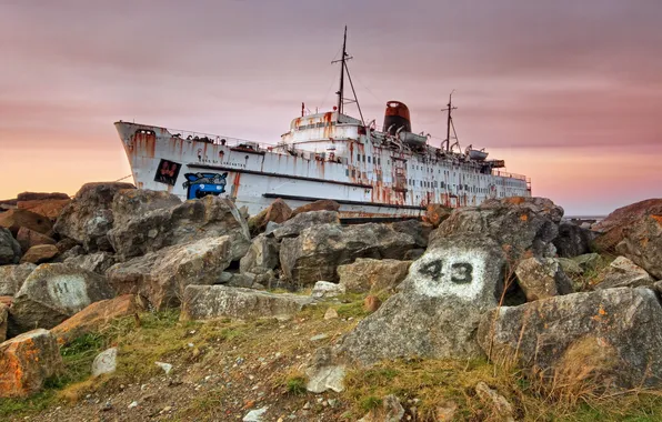 The sky, landscape, stones, ship