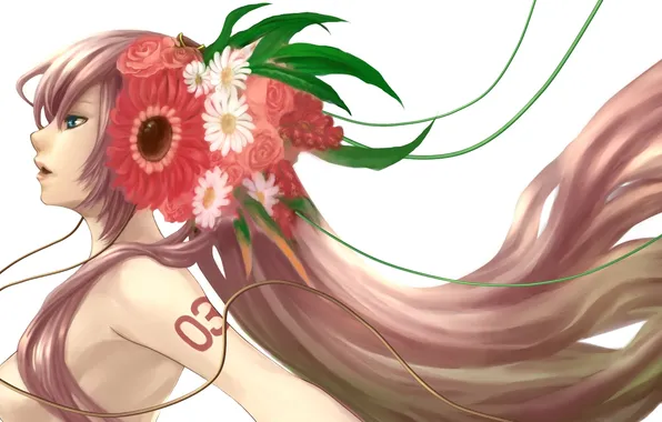 Girl, flowers, hair, figure, wire, profile, vocaloid, megurine luka