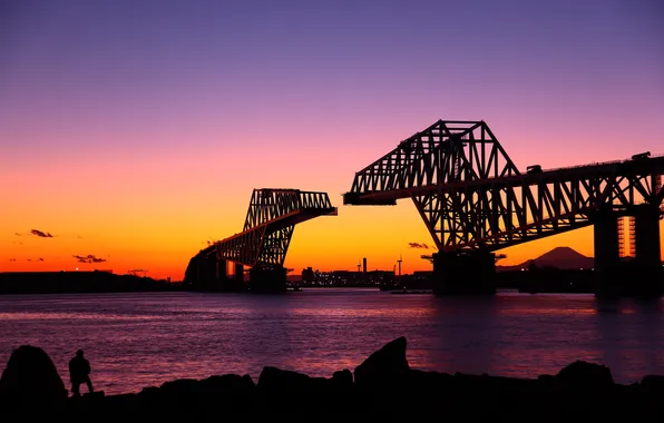 Picture sunset, bridge, river, two