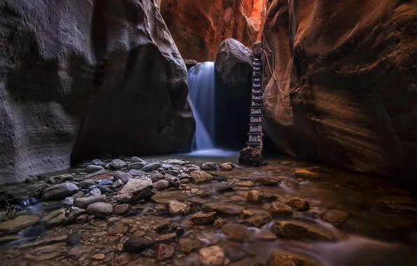 Water, stream, stones, rocks, stream, ladder, canyon, Utah