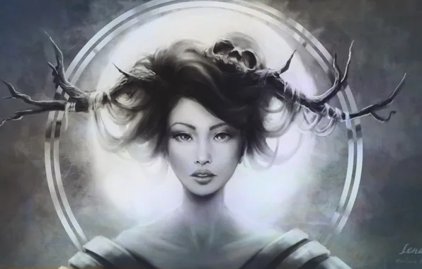 Picture girl, Gothic, skull, horns, by LenamoArt