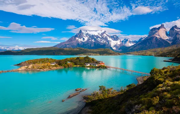 Picture the sky, the sun, clouds, trees, mountains, bridge, lake, island