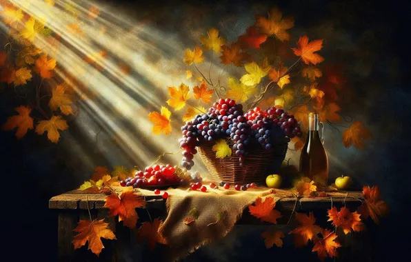 Autumn, leaves, the sun, rays, light, fog, table, wall