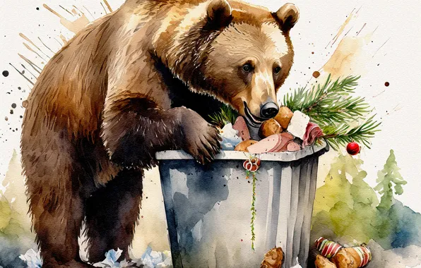 Bear, painting, brown, trash, food, imitation painting, AI art, neural network