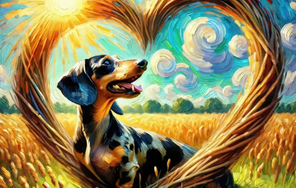 Field, summer, the sun, clouds, nature, heart, dog, styling