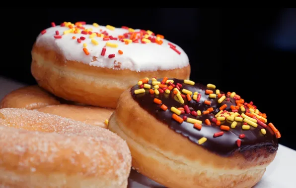 Macro, food, chocolate, donuts, powder