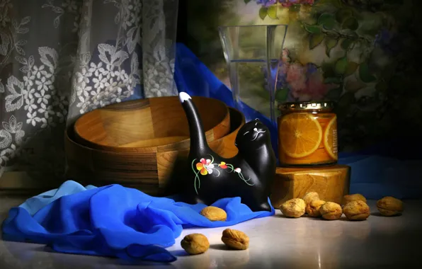 Cat, the dark background, table, Bank, dishes, black, curtains, still life