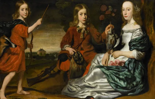 Oil, portrait, picture, canvas, 1675, Two boys in hunter costumes and a girl..., Unknown artist