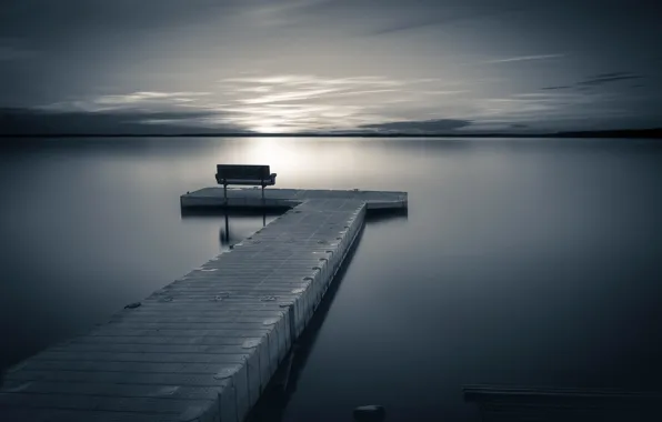 Night, lake, bench