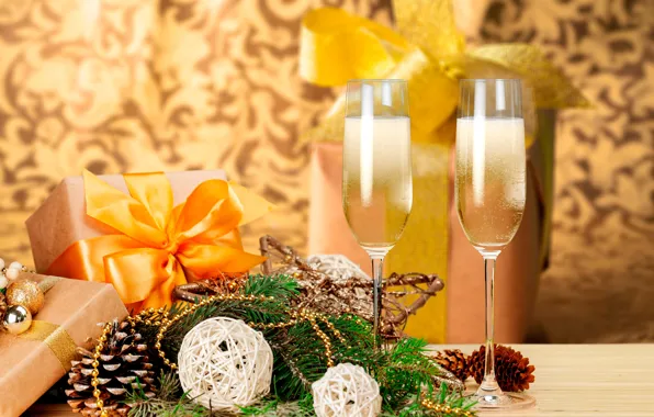 Decoration, branches, table, background, holiday, glasses, Christmas, gifts