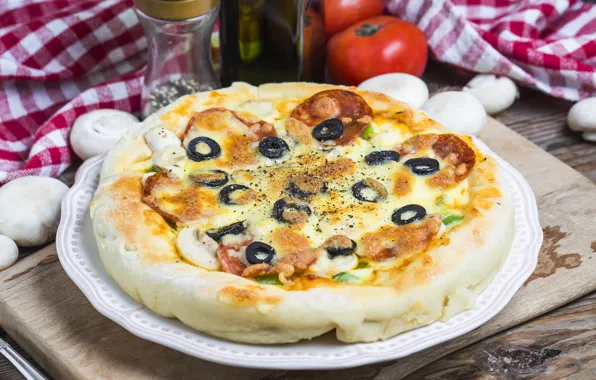 Table, mushrooms, cheese, fabric, pizza, tomatoes, salami