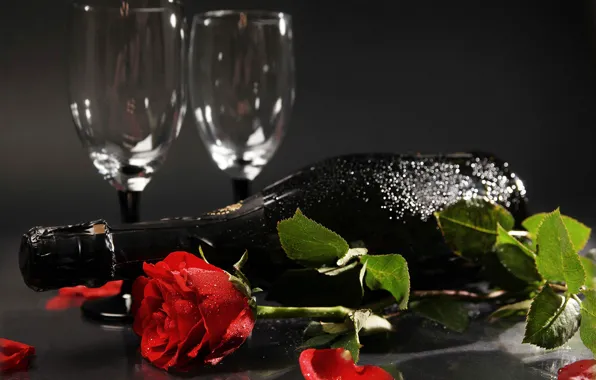 Picture leaves, drops, flowers, red, background, mood, glass, bottle