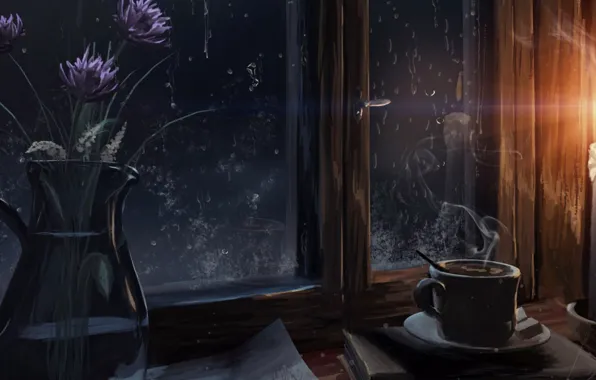 Night, table, window, art, painting, vase with flowers, Cup of tea