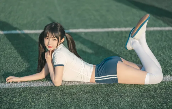 Picture ass, Asian, women, smiling, lying down, dark hair, pale, slim body