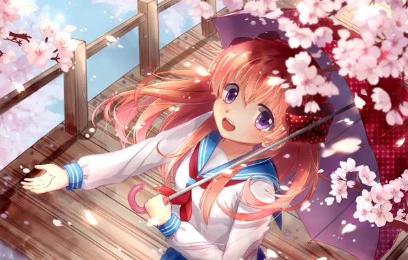 Girl, bridge, smile, umbrella, anime, Sakura, art, form