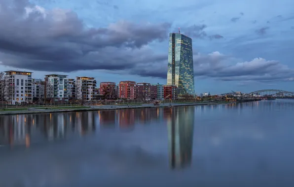 The sky, clouds, the city, reflection, river, building, home, the evening